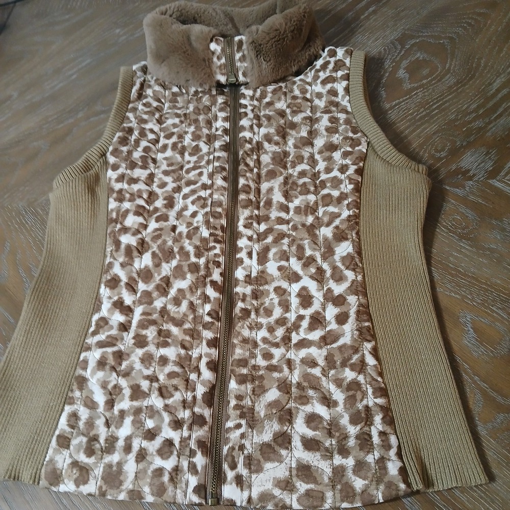 Ruby Road Lady Vest Leopard Print Knit Side Panels Faux Fur Collar SzM Full Zip